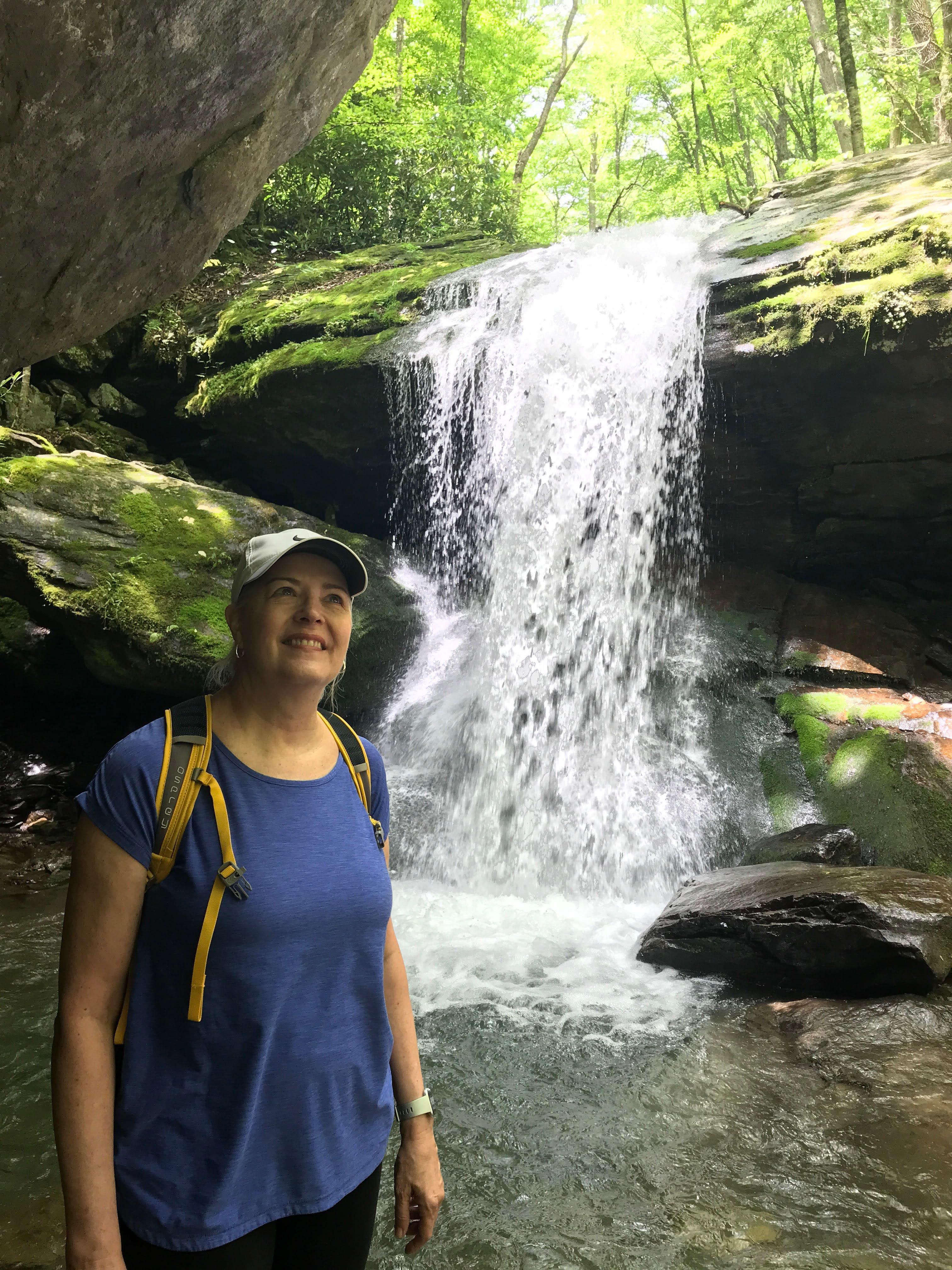 VCrocker-Hiking w sister on Boone Fork Trail To Hebron Falls – near Price Lake on the Blueridge Parkway